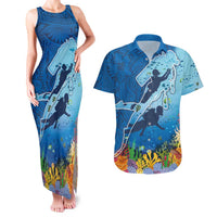 Polynesian Scuba Diving Couples Matching Tank Maxi Dress and Hawaiian Shirt Beauty Corals with Underwater and Polynesian Pattern LT03 Blue - Polynesian Pride