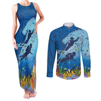 Polynesian Scuba Diving Couples Matching Tank Maxi Dress and Long Sleeve Button Shirt Beauty Corals with Underwater and Polynesian Pattern LT03 Blue - Polynesian Pride