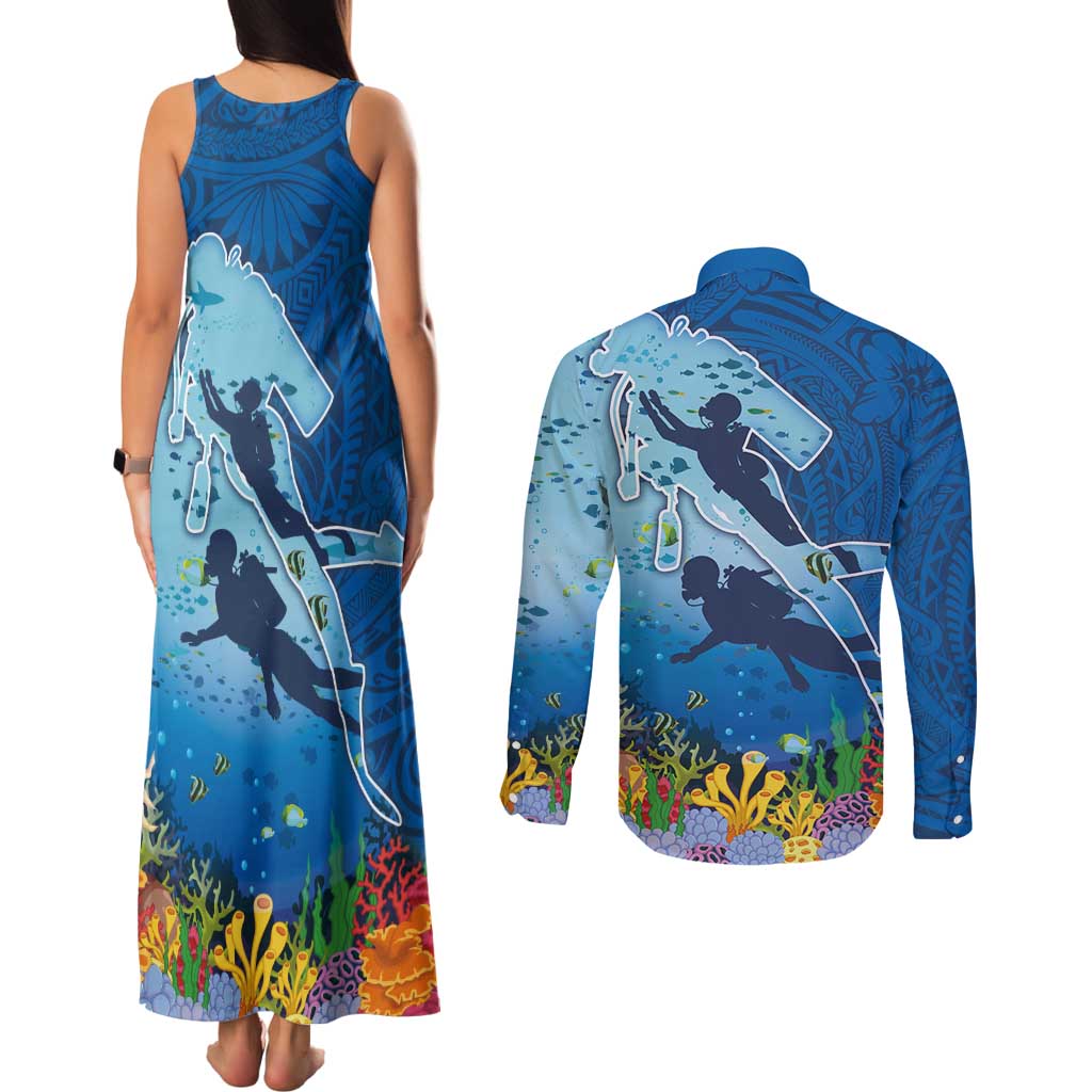 Polynesian Scuba Diving Couples Matching Tank Maxi Dress and Long Sleeve Button Shirt Beauty Corals with Underwater and Polynesian Pattern LT03 - Polynesian Pride