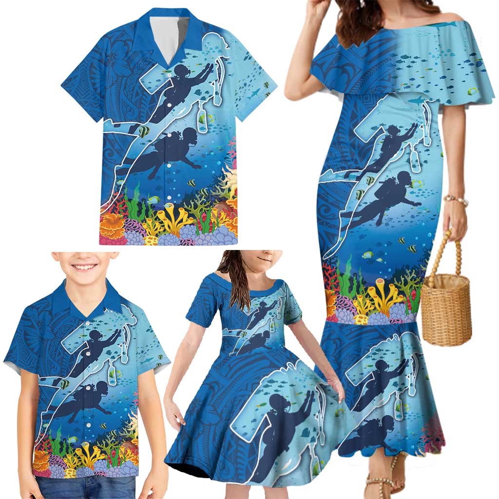 Polynesian Scuba Diving Family Matching Mermaid Dress and Hawaiian Shirt Beauty Corals with Underwater and Polynesian Pattern