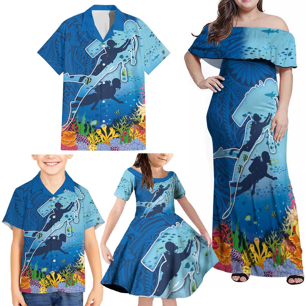 Polynesian Scuba Diving Family Matching Off Shoulder Maxi Dress and Hawaiian Shirt Beauty Corals with Underwater and Polynesian Pattern