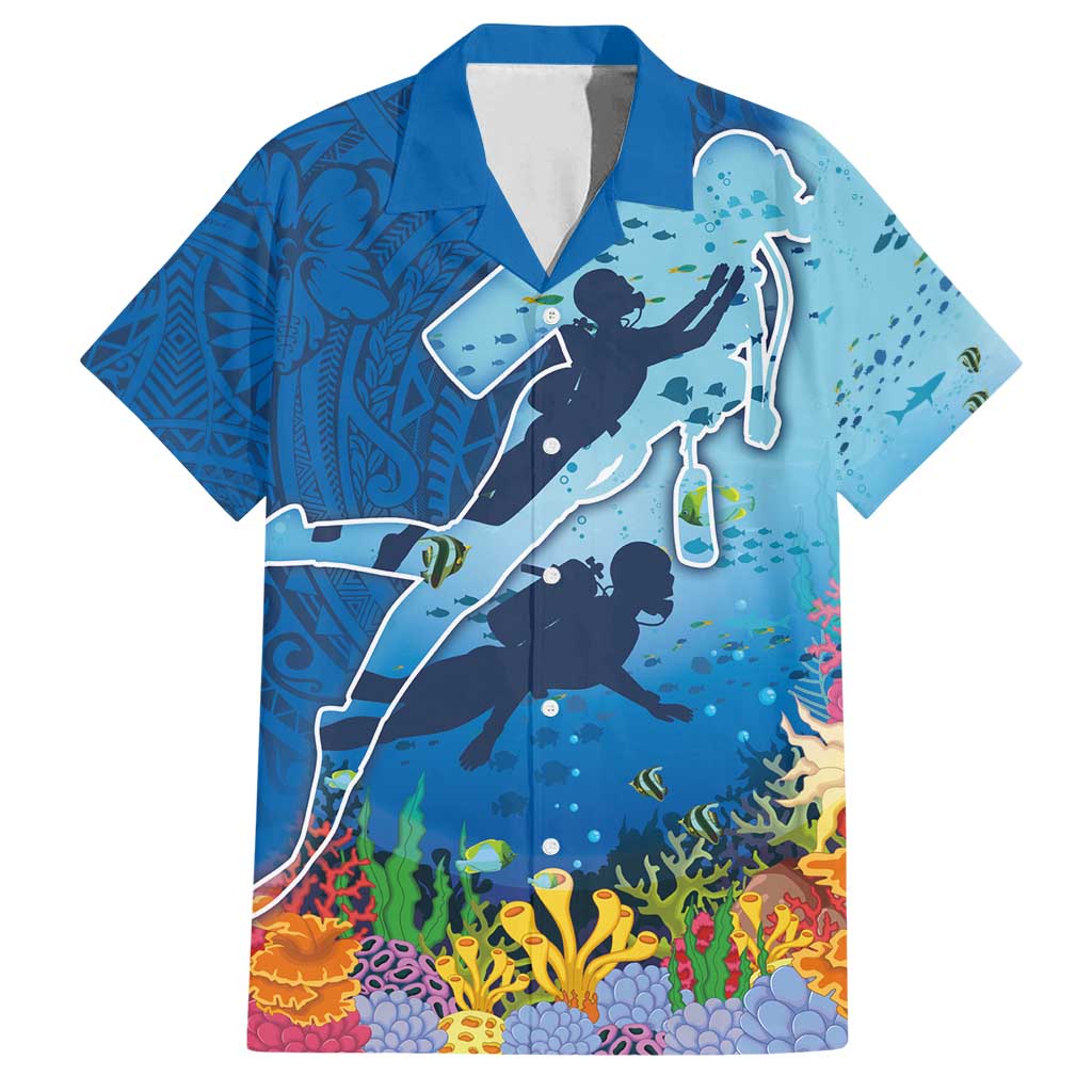 Polynesian Scuba Diving Family Matching Off Shoulder Maxi Dress and Hawaiian Shirt Beauty Corals with Underwater and Polynesian Pattern LT03 Dad's Shirt - Short Sleeve Blue - Polynesian Pride