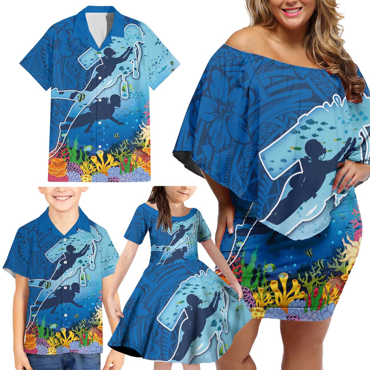 Polynesian Scuba Diving Family Matching Off Shoulder Short Dress and Hawaiian Shirt Beauty Corals with Underwater and Polynesian Pattern