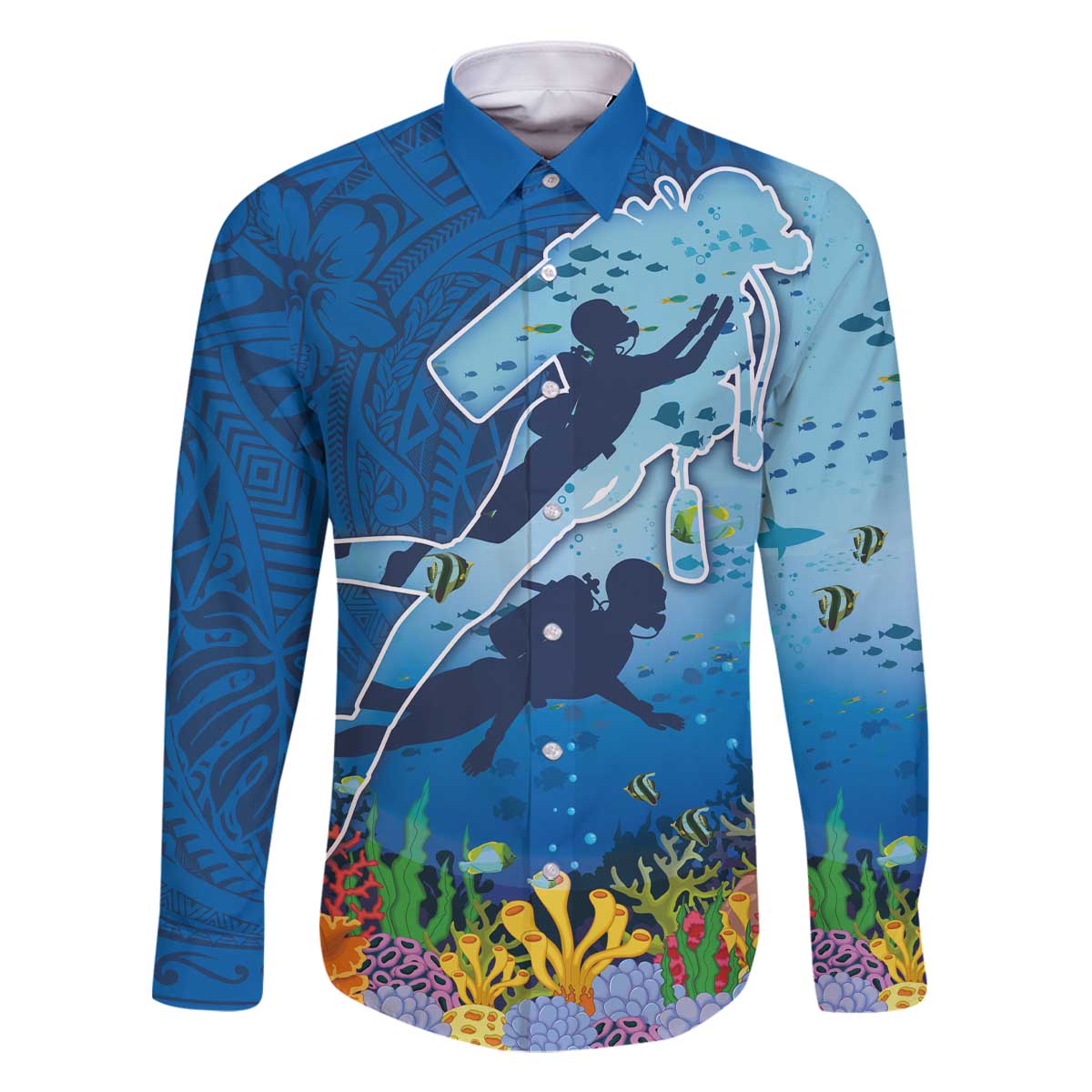 Polynesian Scuba Diving Family Matching Off Shoulder Short Dress and Hawaiian Shirt Beauty Corals with Underwater and Polynesian Pattern
