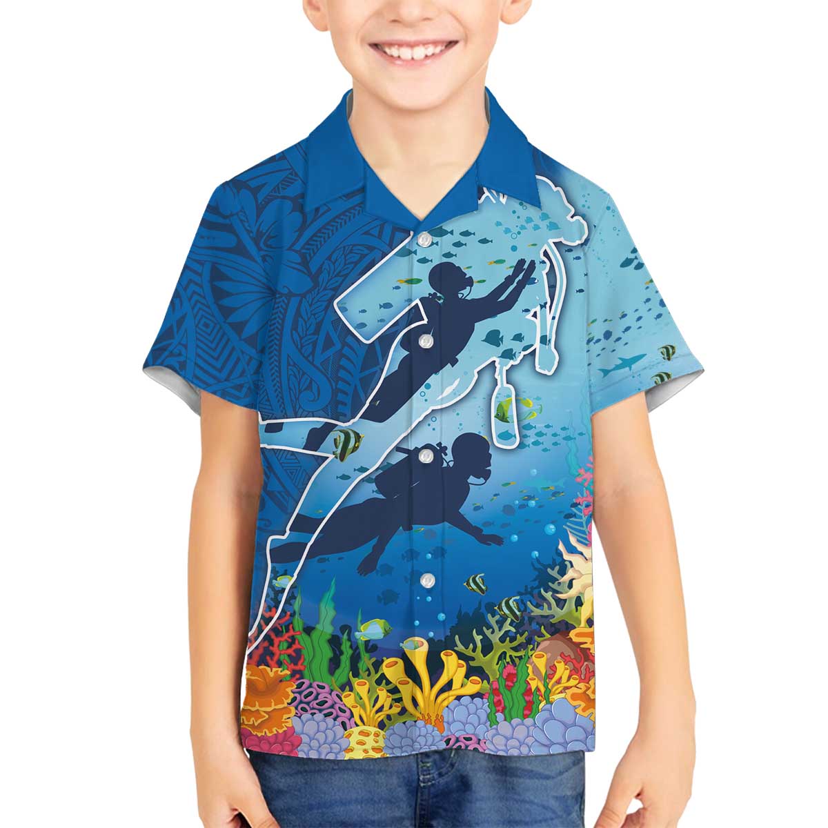 Polynesian Scuba Diving Family Matching Puletasi and Hawaiian Shirt Beauty Corals with Underwater and Polynesian Pattern LT03 Son's Shirt Blue - Polynesian Pride