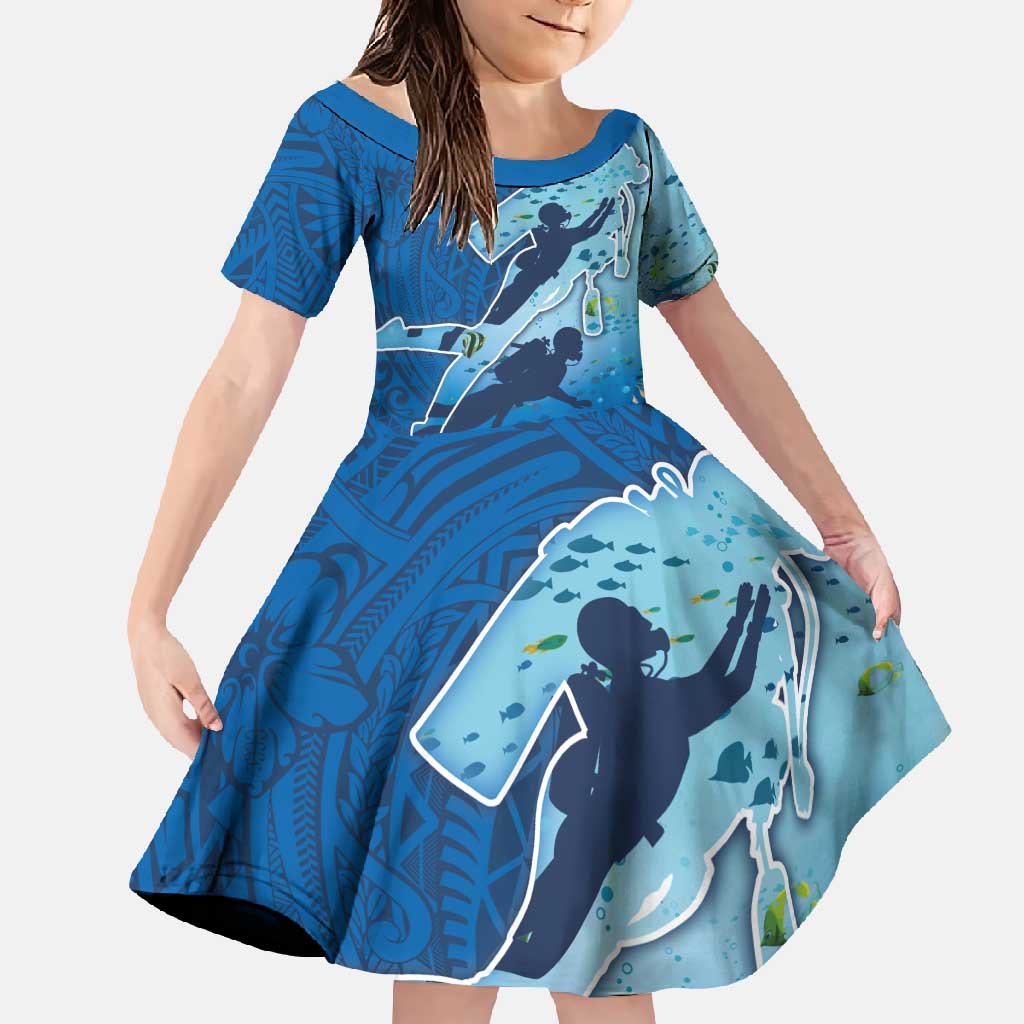 Polynesian Scuba Diving Family Matching Summer Maxi Dress and Hawaiian Shirt Beauty Corals with Underwater and Polynesian Pattern LT03 Daughter's Dress Blue - Polynesian Pride