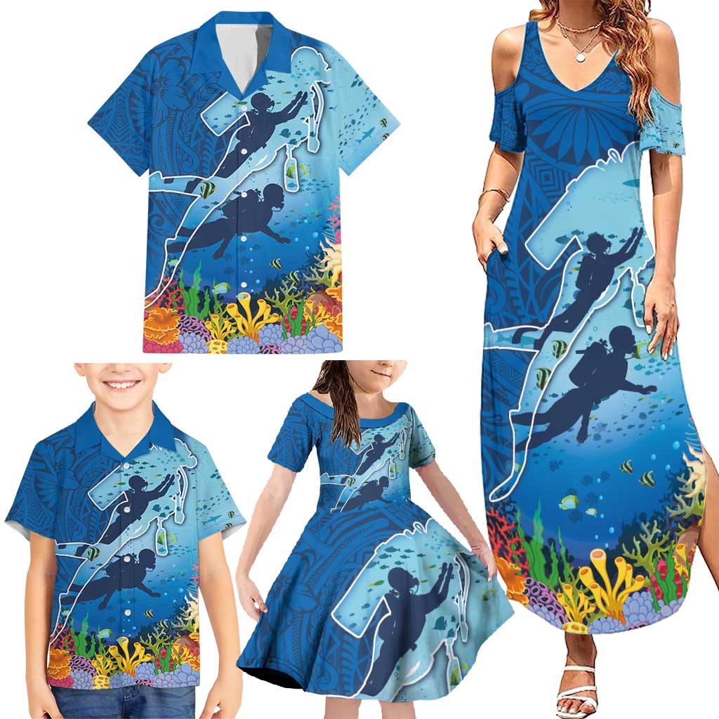 Polynesian Scuba Diving Family Matching Summer Maxi Dress and Hawaiian Shirt Beauty Corals with Underwater and Polynesian Pattern