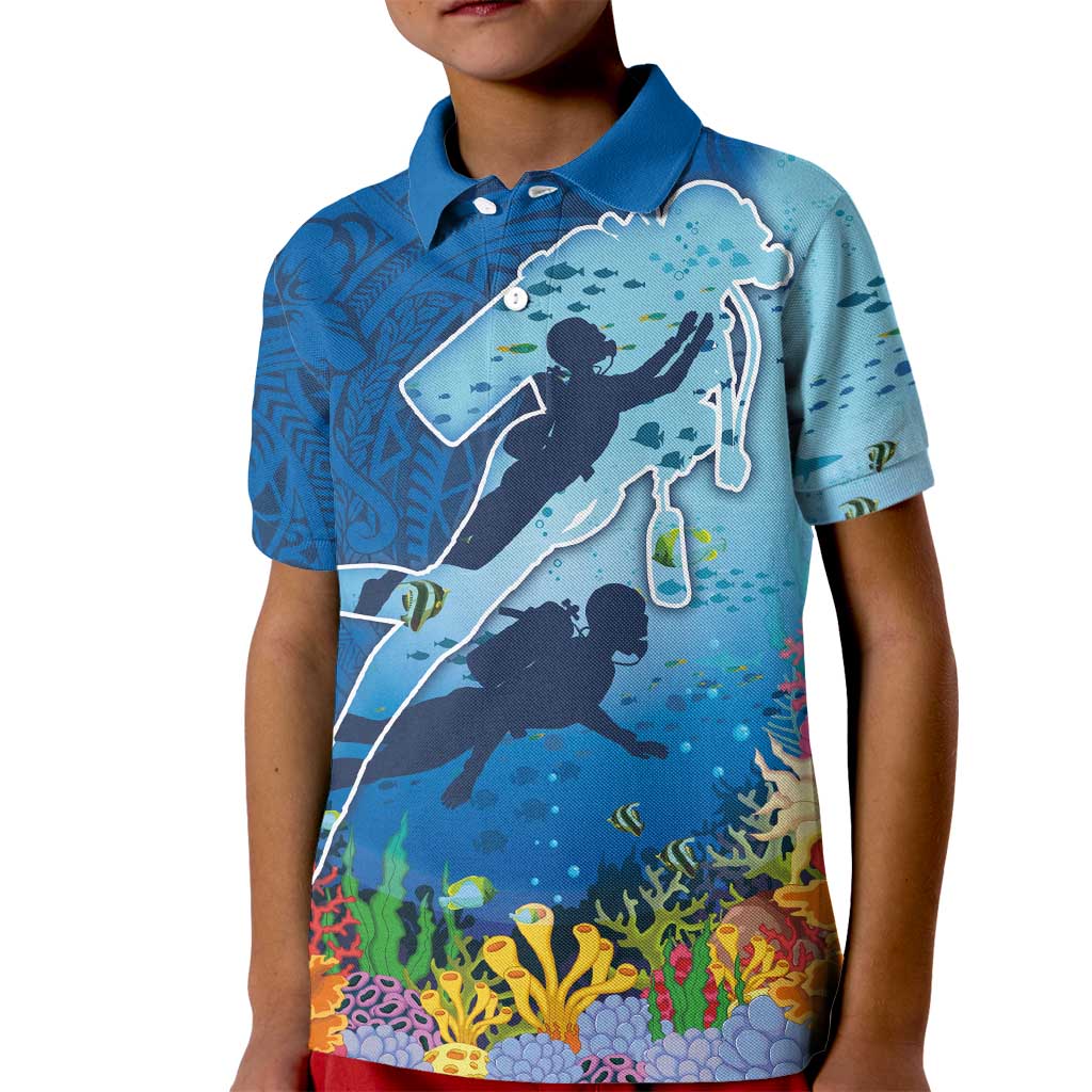 Polynesian Scuba Diving Kid Polo Shirt Beauty Corals with Underwater and Polynesian Pattern