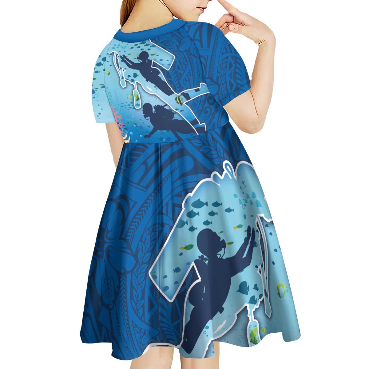 Polynesian Scuba Diving Kid Short Sleeve Dress Beauty Corals with Underwater and Polynesian Pattern