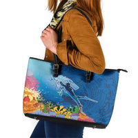Polynesian Scuba Diving Leather Tote Bag Beauty Corals with Underwater and Polynesian Pattern LT03 Blue - Polynesian Pride