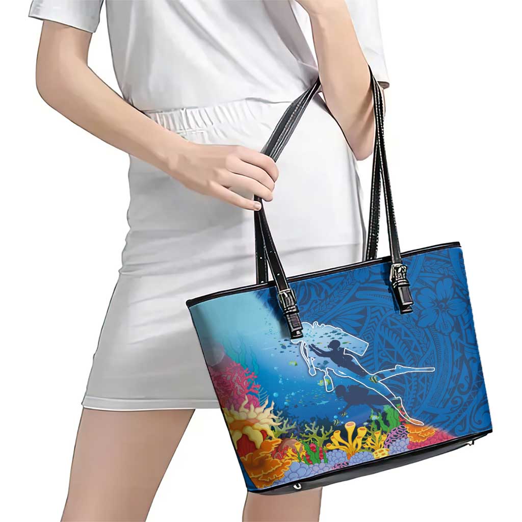 Polynesian Scuba Diving Leather Tote Bag Beauty Corals with Underwater and Polynesian Pattern LT03 - Polynesian Pride