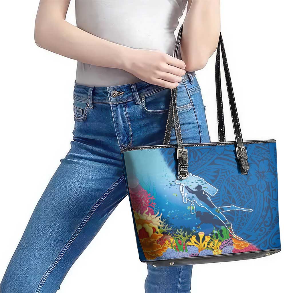 Polynesian Scuba Diving Leather Tote Bag Beauty Corals with Underwater and Polynesian Pattern LT03 - Polynesian Pride