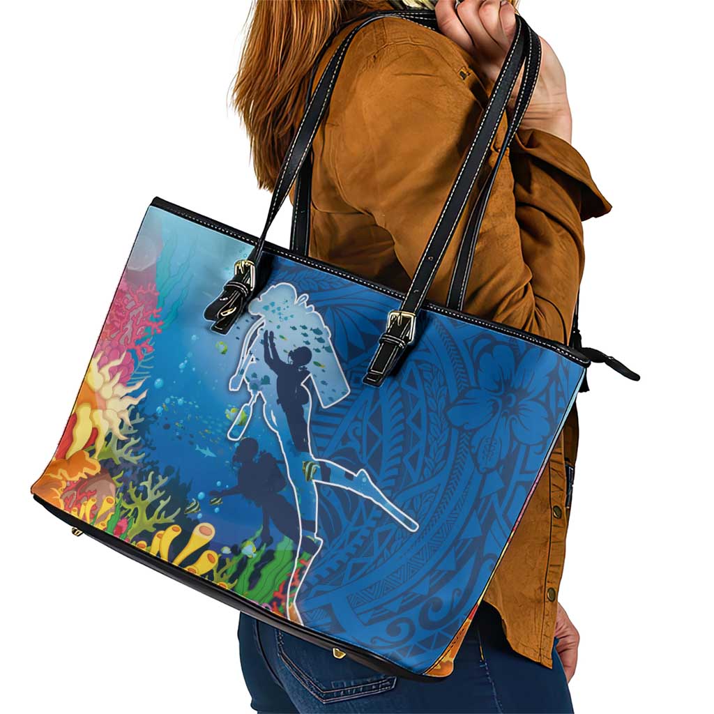Polynesian Scuba Diving Leather Tote Bag Beauty Corals with Underwater and Polynesian Pattern LT03 - Polynesian Pride