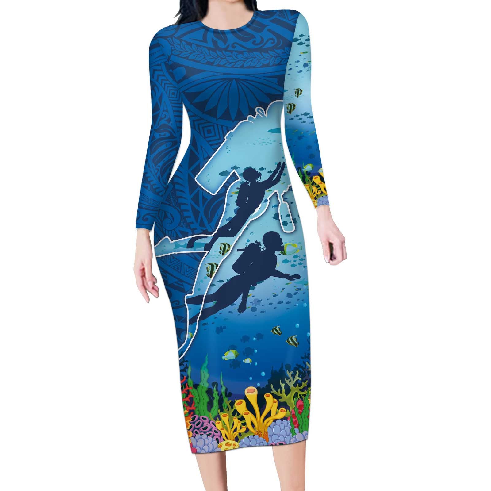 Polynesian Scuba Diving Long Sleeve Bodycon Dress Beauty Corals with Underwater and Polynesian Pattern