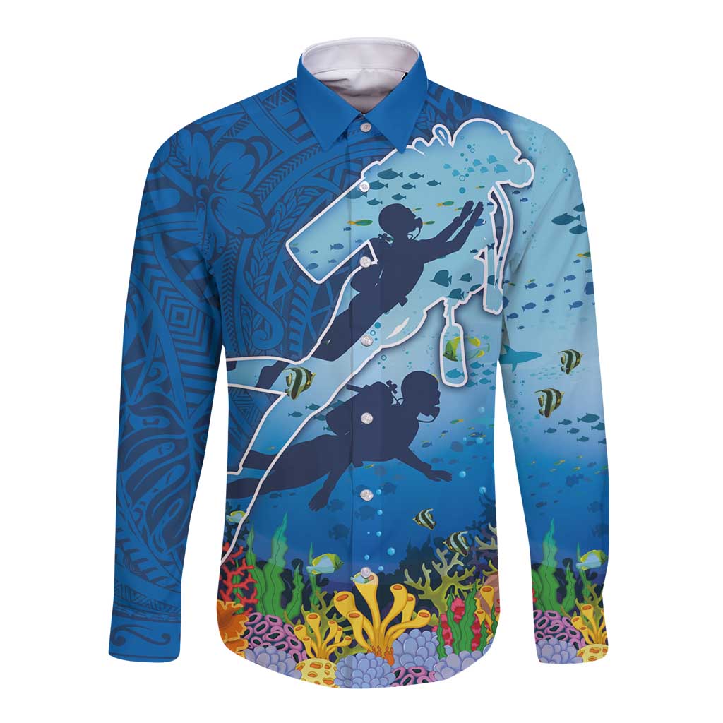 Polynesian Scuba Diving Long Sleeve Button Shirt Beauty Corals with Underwater and Polynesian Pattern