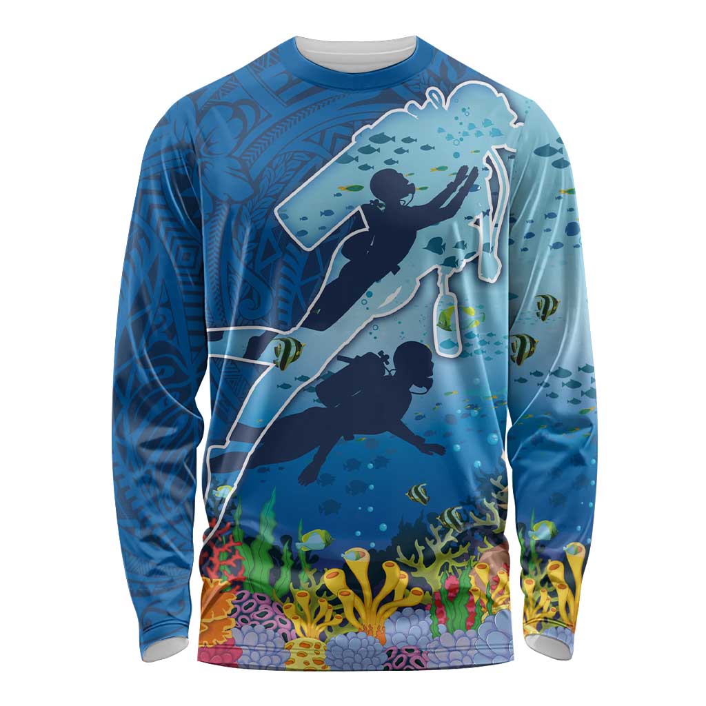 Polynesian Scuba Diving Long Sleeve Shirt Beauty Corals with Underwater and Polynesian Pattern