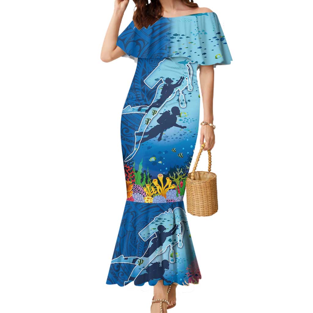 Polynesian Scuba Diving Mermaid Dress Beauty Corals with Underwater and Polynesian Pattern