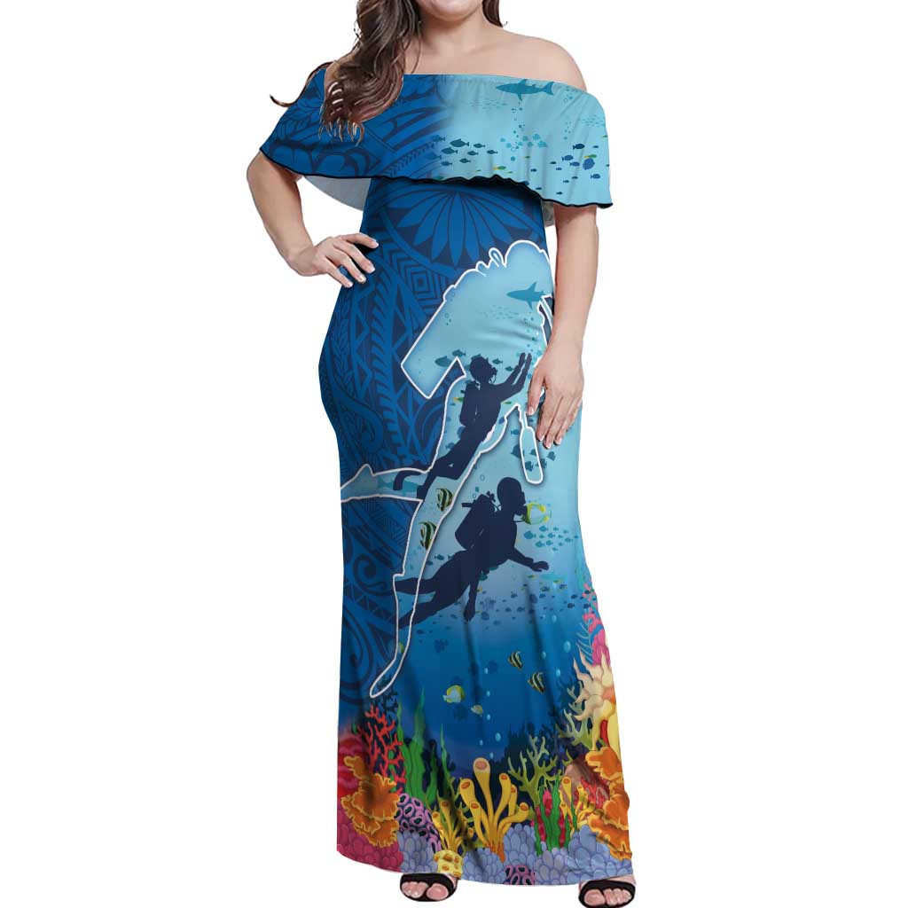 Polynesian Scuba Diving Off Shoulder Maxi Dress Beauty Corals with Underwater and Polynesian Pattern LT03 Women Blue - Polynesian Pride