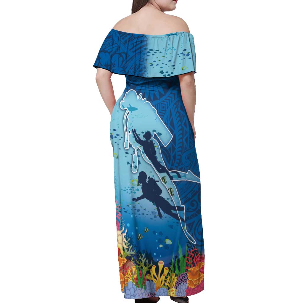 Polynesian Scuba Diving Off Shoulder Maxi Dress Beauty Corals with Underwater and Polynesian Pattern LT03 - Polynesian Pride