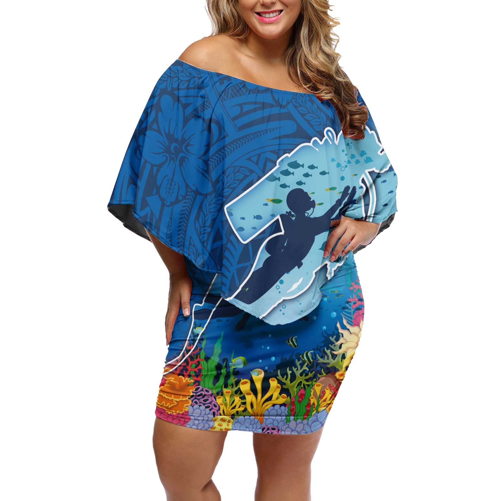 Polynesian Scuba Diving Off Shoulder Short Dress Beauty Corals with Underwater and Polynesian Pattern LT03 Women Blue - Polynesian Pride