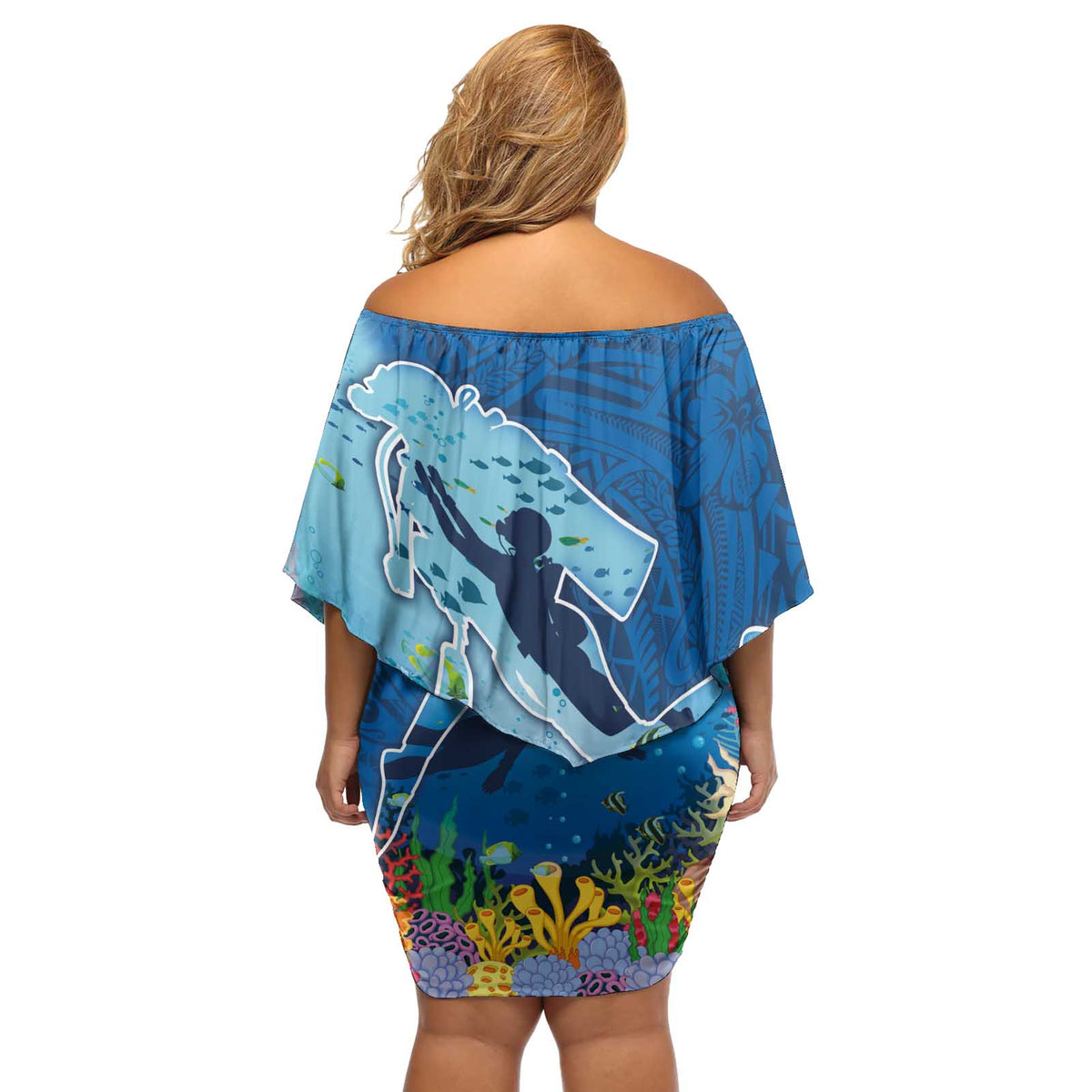 Polynesian Scuba Diving Off Shoulder Short Dress Beauty Corals with Underwater and Polynesian Pattern LT03 - Polynesian Pride