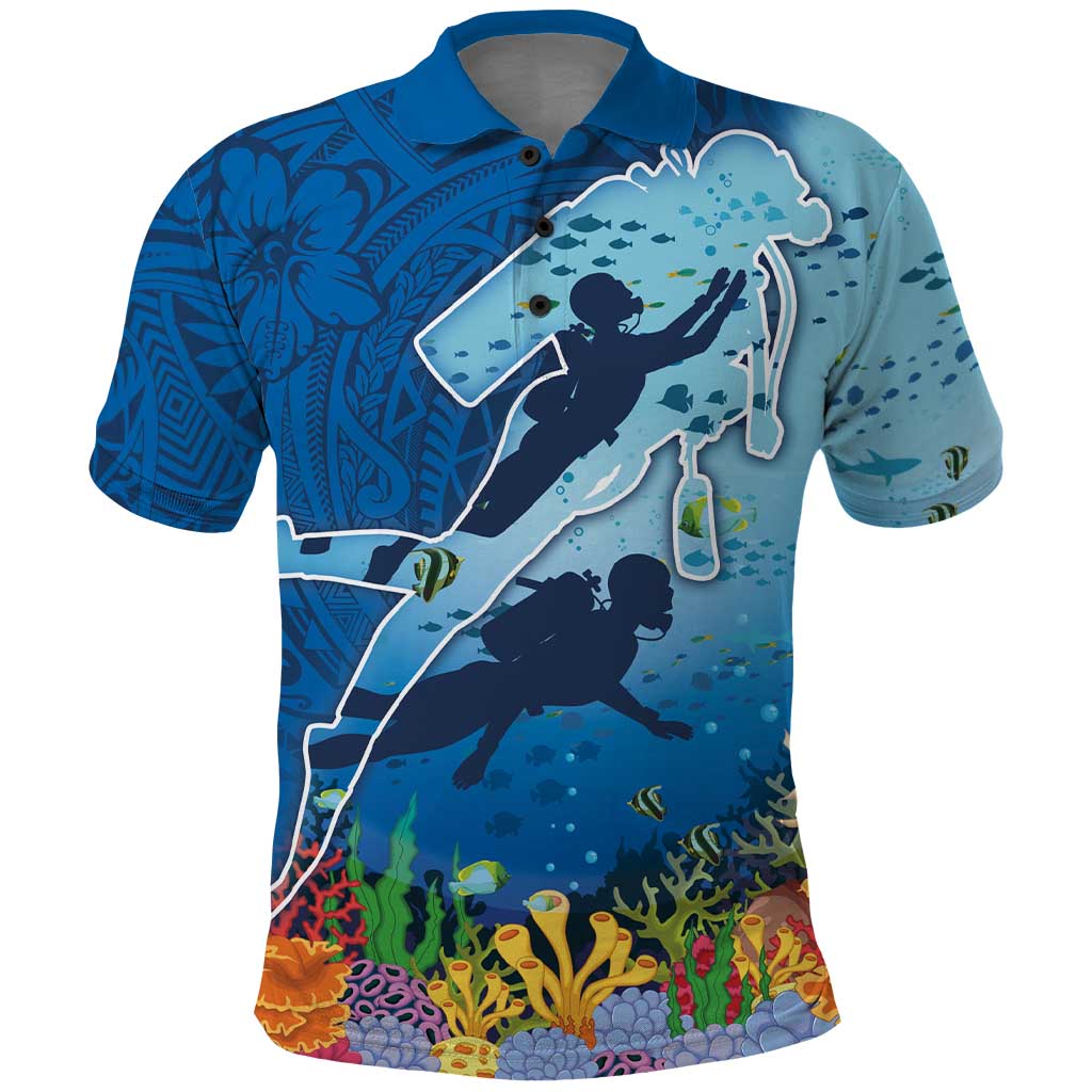 Polynesian Scuba Diving Polo Shirt Beauty Corals with Underwater and Polynesian Pattern