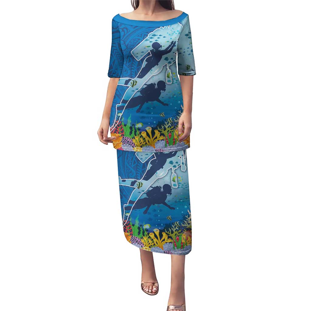 Polynesian Scuba Diving Puletasi Beauty Corals with Underwater and Polynesian Pattern LT03 Long Dress Blue - Polynesian Pride