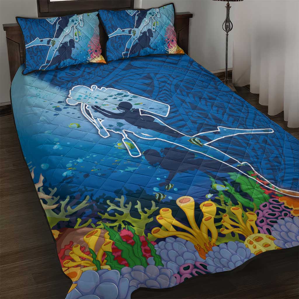 Polynesian Scuba Diving Quilt Bed Set Beauty Corals with Underwater and Polynesian Pattern