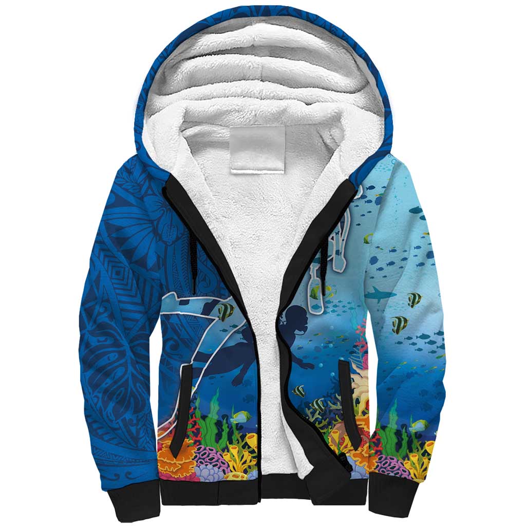 Polynesian Scuba Diving Sherpa Hoodie Beauty Corals with Underwater and Polynesian Pattern LT03 Unisex Blue - Polynesian Pride