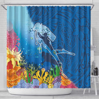 Polynesian Scuba Diving Shower Curtain Beauty Corals with Underwater and Polynesian Pattern