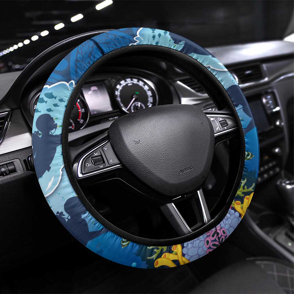 Polynesian Scuba Diving Steering Wheel Cover Beauty Corals with Underwater and Polynesian Pattern LT03 Universal Fit Blue - Polynesian Pride