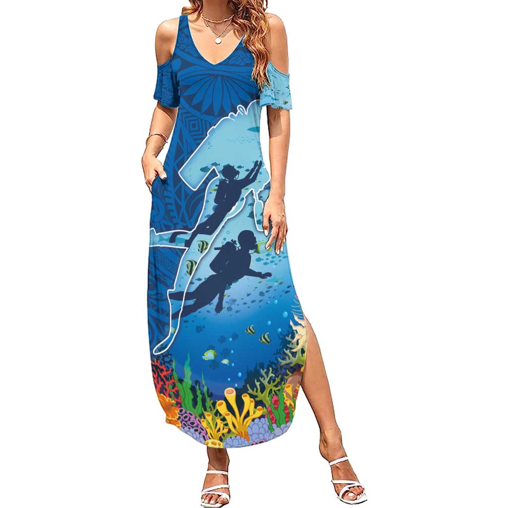 Polynesian Scuba Diving Summer Maxi Dress Beauty Corals with Underwater and Polynesian Pattern LT03 Women Blue - Polynesian Pride