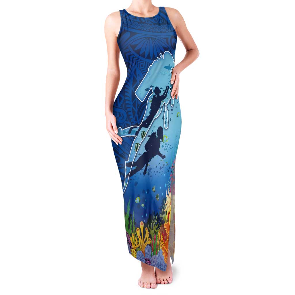 Polynesian Scuba Diving Tank Maxi Dress Beauty Corals with Underwater and Polynesian Pattern LT03 Women Blue - Polynesian Pride