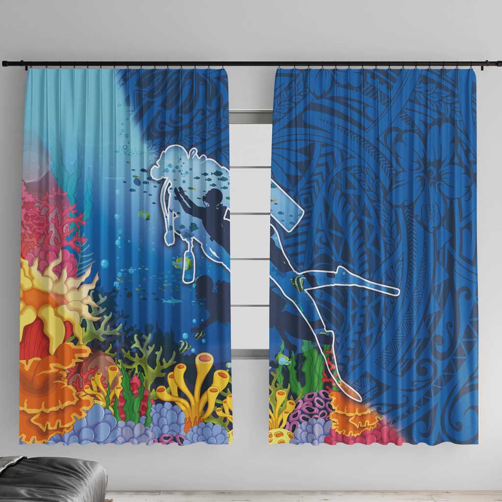 Polynesian Scuba Diving Window Curtain Beauty Corals with Underwater and Polynesian Pattern