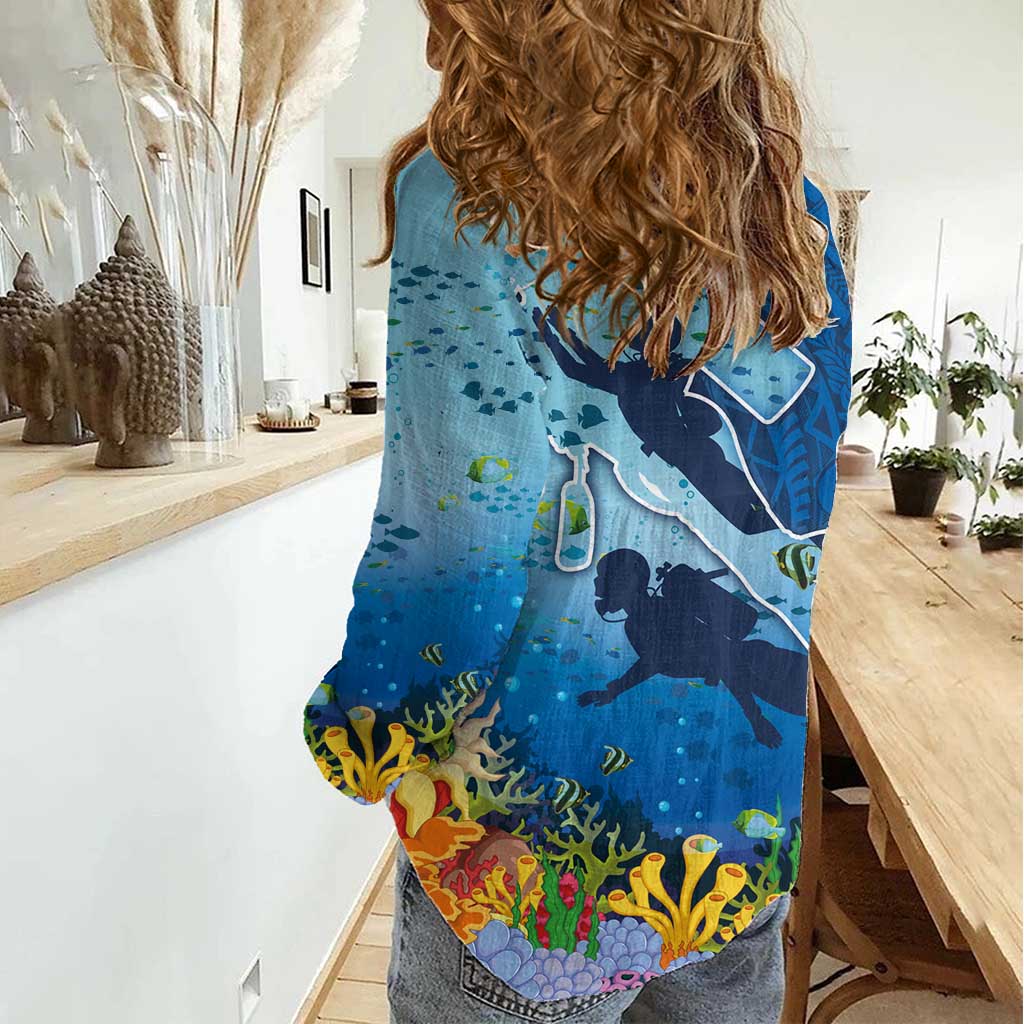 Polynesian Scuba Diving Women Casual Shirt Beauty Corals with Underwater and Polynesian Pattern