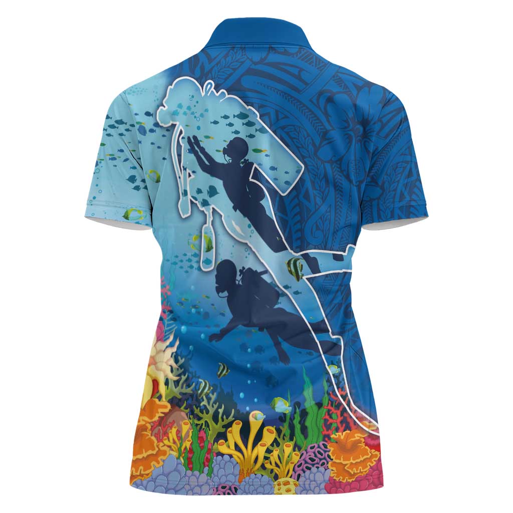 Polynesian Scuba Diving Women Polo Shirt Beauty Corals with Underwater and Polynesian Pattern