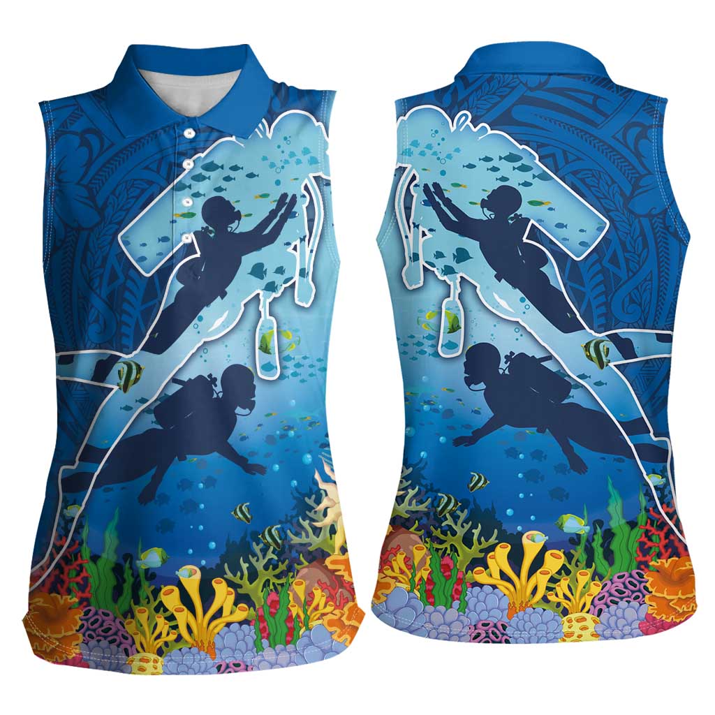 Polynesian Scuba Diving Women Sleeveless Polo Shirt Beauty Corals with Underwater and Polynesian Pattern LT03 - Polynesian Pride
