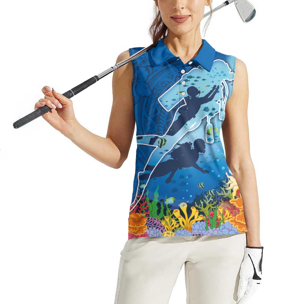 Polynesian Scuba Diving Women Sleeveless Polo Shirt Beauty Corals with Underwater and Polynesian Pattern LT03 - Polynesian Pride