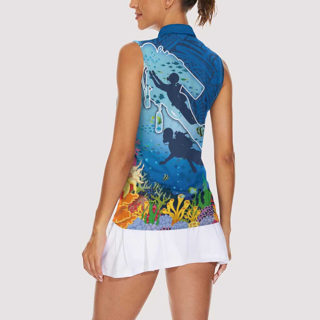 Polynesian Scuba Diving Women Sleeveless Polo Shirt Beauty Corals with Underwater and Polynesian Pattern LT03 - Polynesian Pride