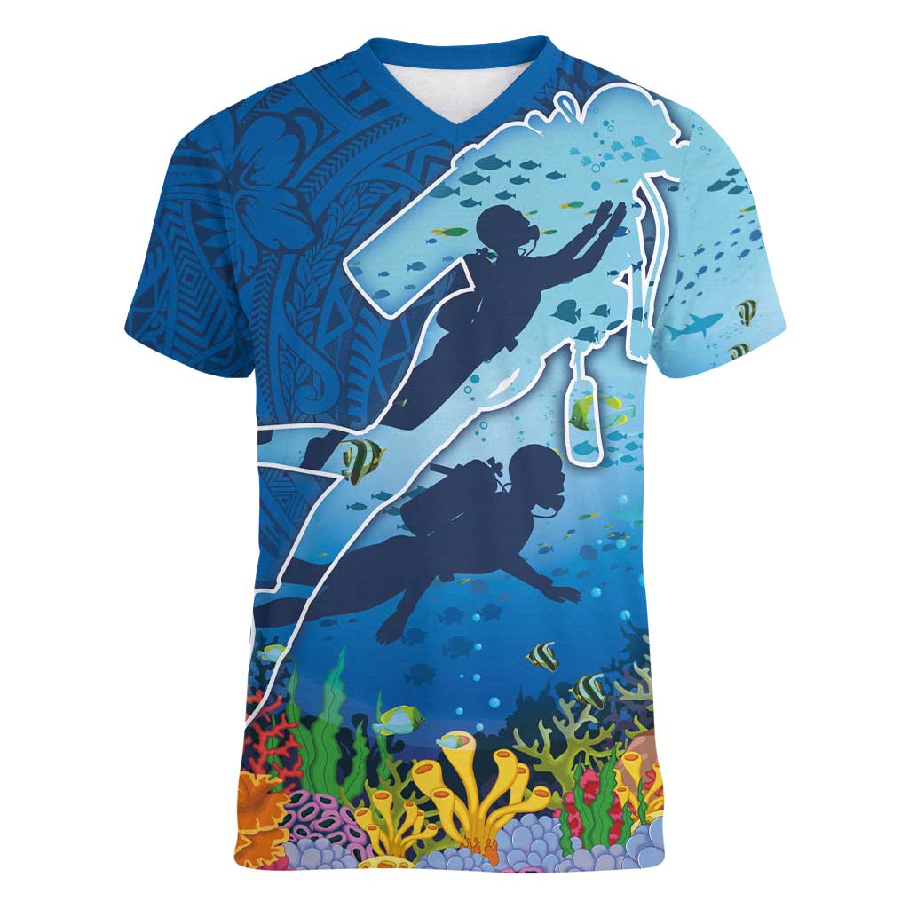 Polynesian Scuba Diving Women V-Neck T-Shirt Beauty Corals with Underwater and Polynesian Pattern LT03 Female Blue - Polynesian Pride