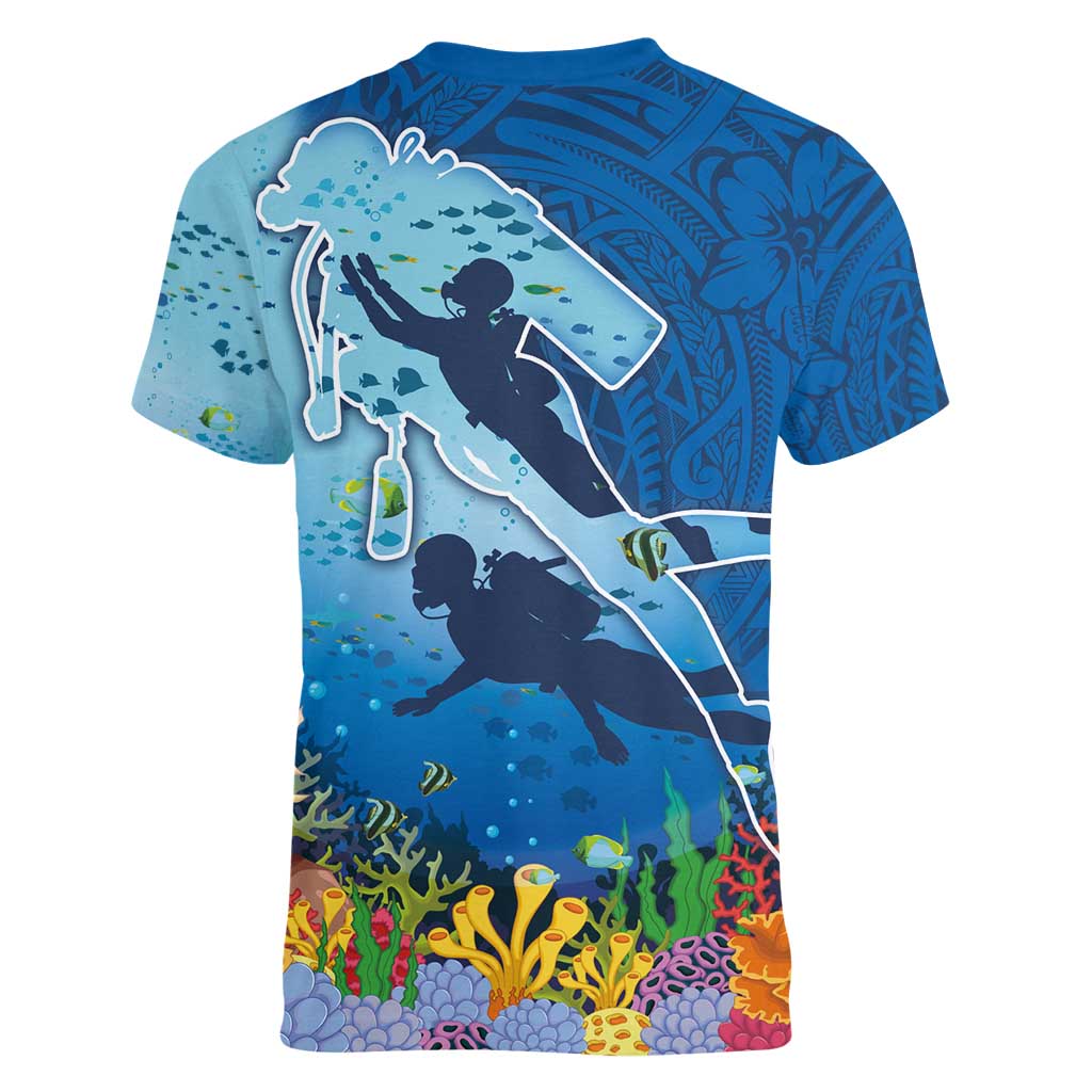 Polynesian Scuba Diving Women V-Neck T-Shirt Beauty Corals with Underwater and Polynesian Pattern LT03 - Polynesian Pride