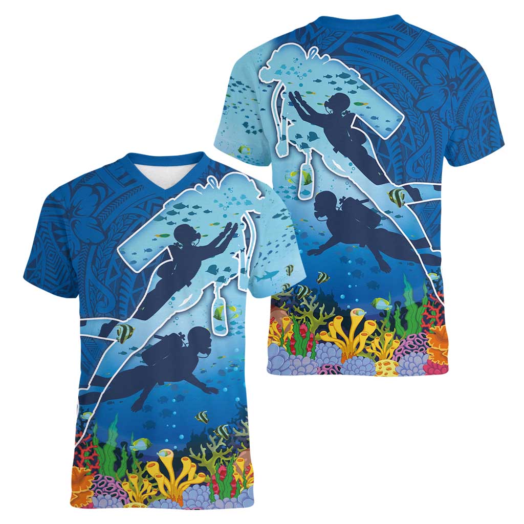 Polynesian Scuba Diving Women V-Neck T-Shirt Beauty Corals with Underwater and Polynesian Pattern LT03 - Polynesian Pride