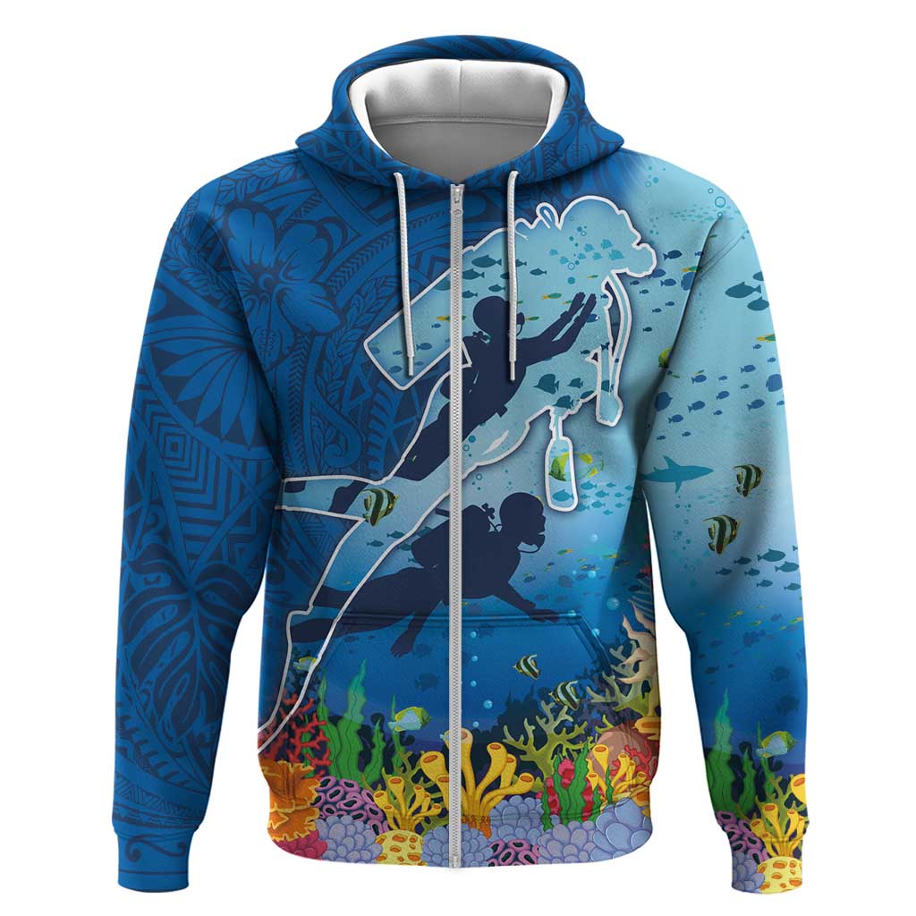 Polynesian Scuba Diving Zip Hoodie Beauty Corals with Underwater and Polynesian Pattern