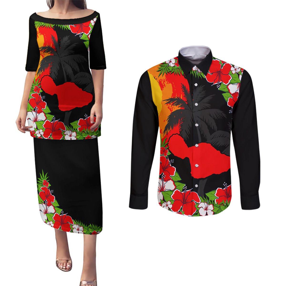 Hawaii Maui Island Couples Matching Puletasi Dress and Long Sleeve Button Shirts Maui Map With Tropical Forest Sunset Vibe LT03 Black - Polynesian Pride