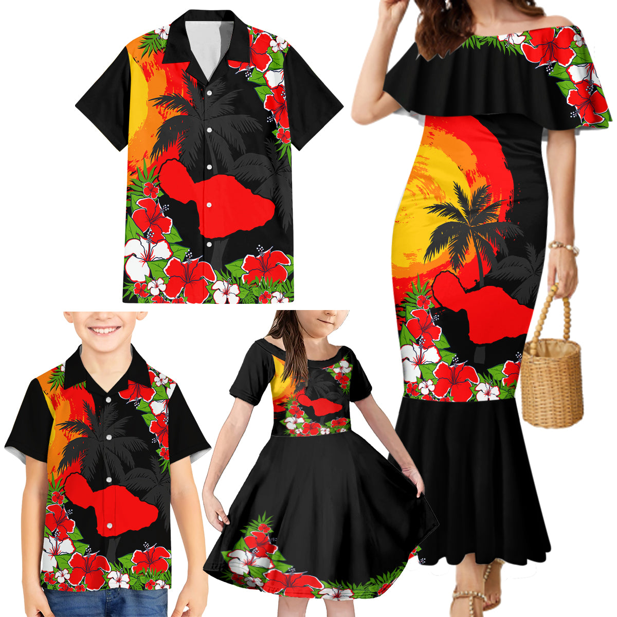 Hawaii Maui Island Family Matching Mermaid Dress and Hawaiian Shirt Maui Map With Tropical Forest Sunset Vibe LT03 - Polynesian Pride