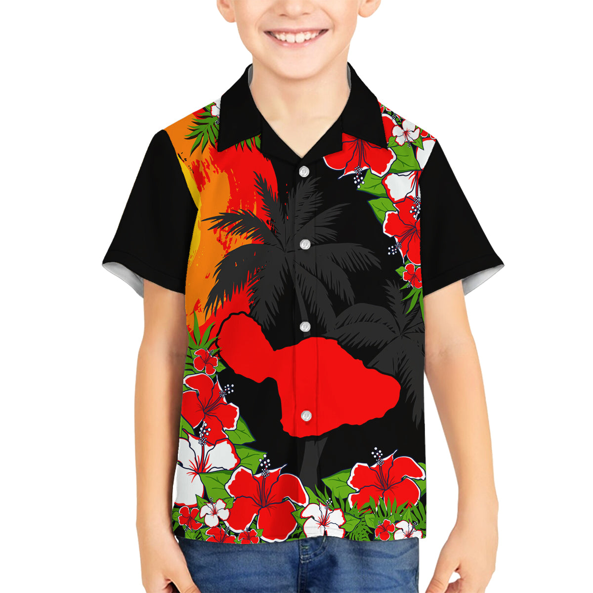 Hawaii Maui Island Family Matching Off Shoulder Short Dress and Hawaiian Shirt Maui Map With Tropical Forest Sunset Vibe LT03 Son's Shirt Black - Polynesian Pride