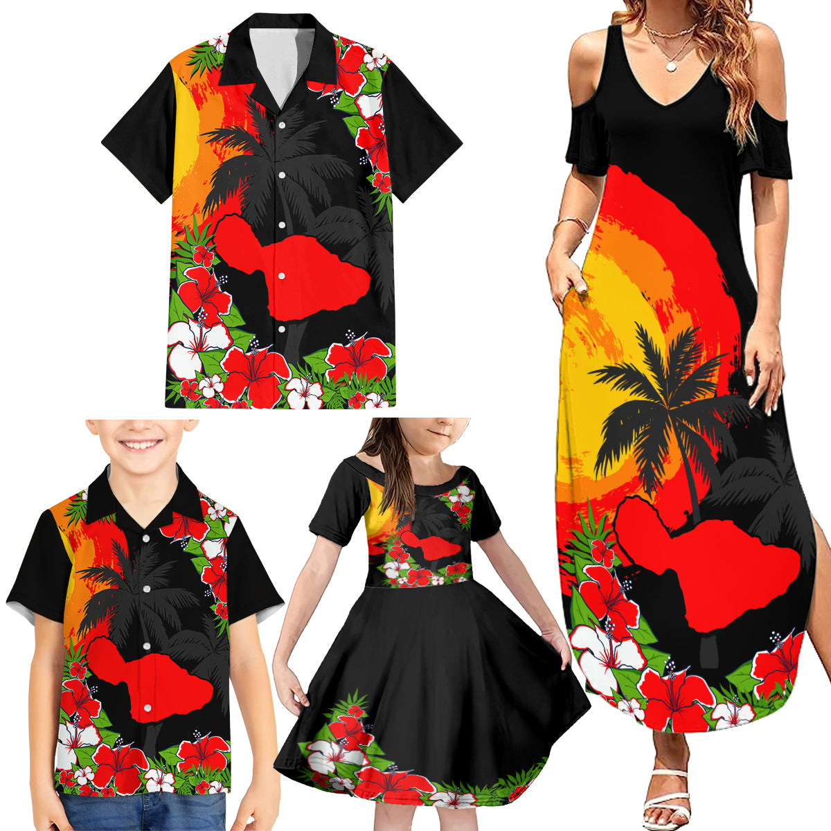 Hawaii Maui Island Family Matching Summer Maxi Dress and Hawaiian Shirt Maui Map With Tropical Forest Sunset Vibe LT03 - Polynesian Pride