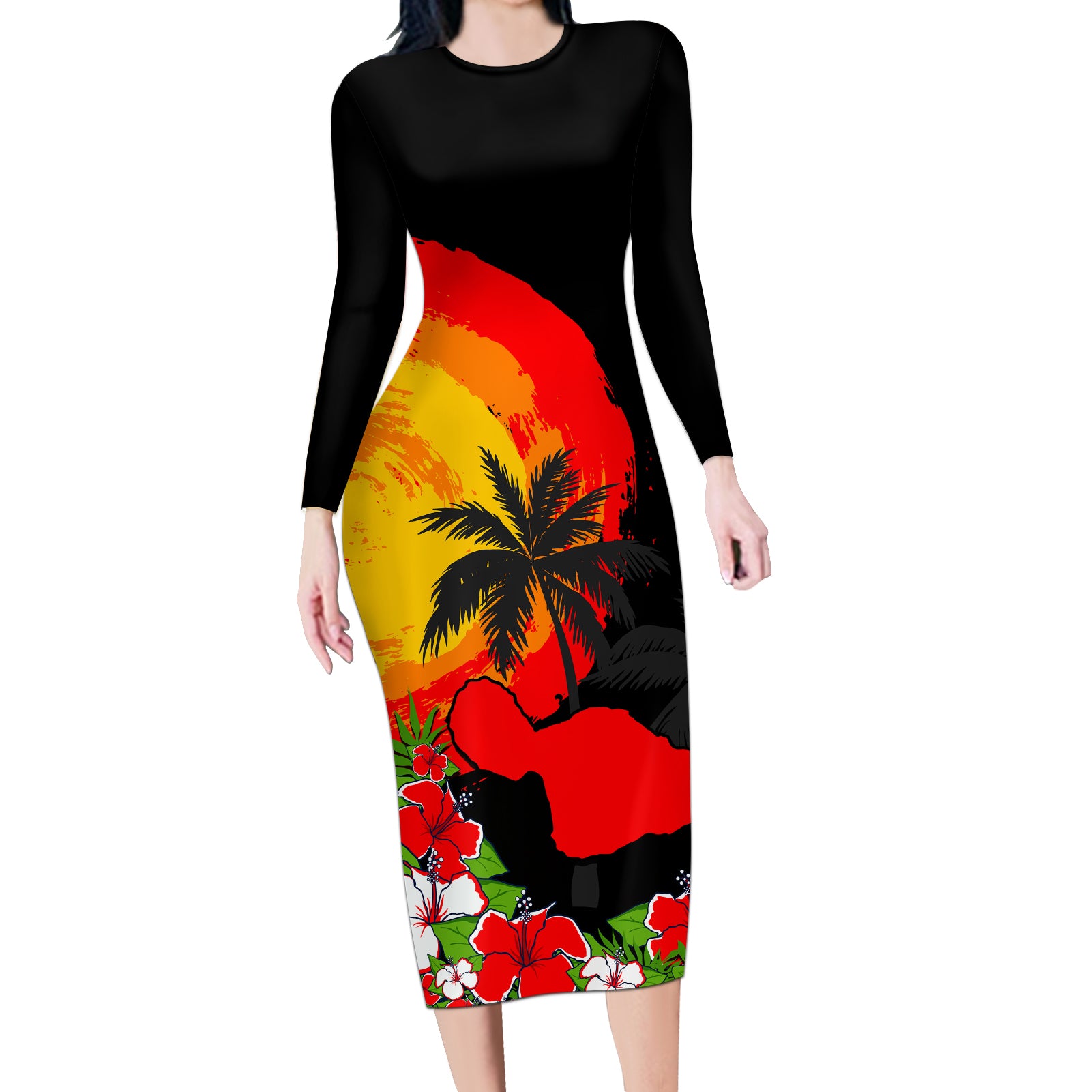 Hawaii Maui Island Long Sleeve Bodycon Dress Maui Map With Tropical Forest Sunset Vibe LT03 Long Dress Black - Polynesian Pride