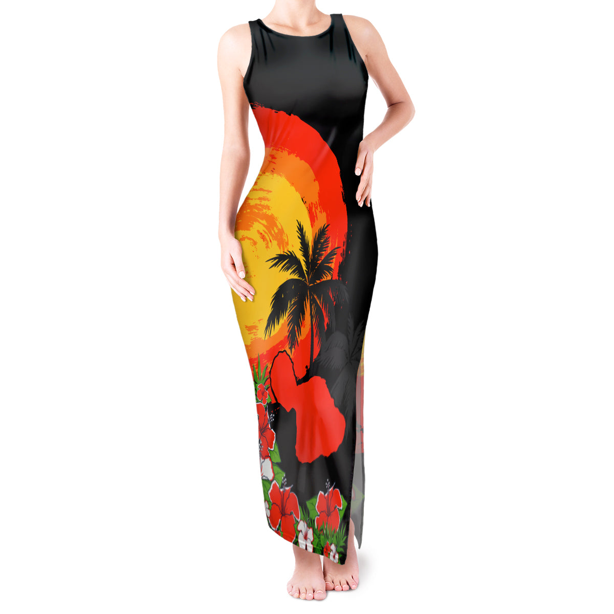 Hawaii Maui Island Tank Maxi Dress Maui Map With Tropical Forest Sunset Vibe LT03 Women Black - Polynesian Pride