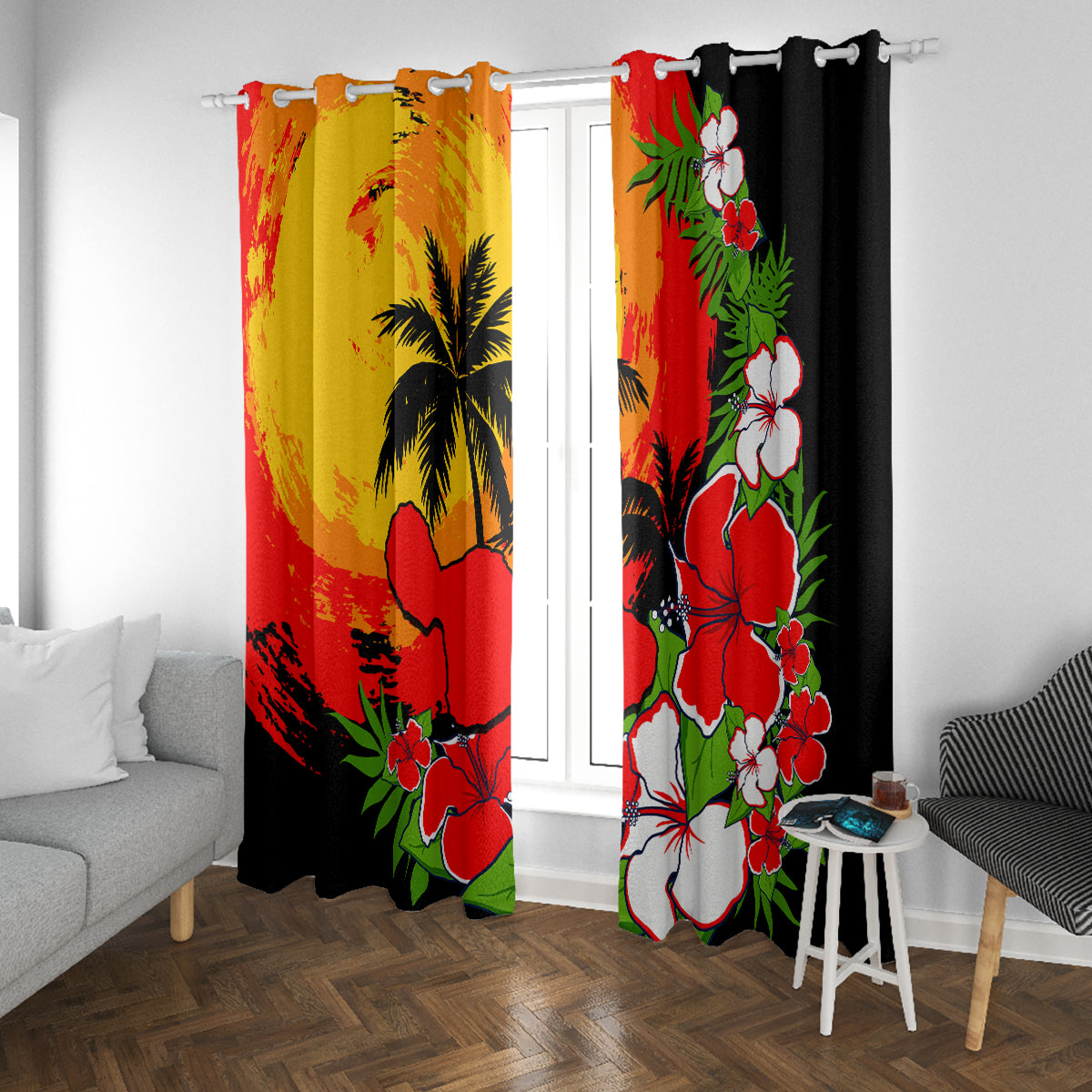 Hawaii Maui Island Window Curtain Maui Map With Tropical Forest Sunset Vibe LT03 Grommets Black - Polynesian Pride